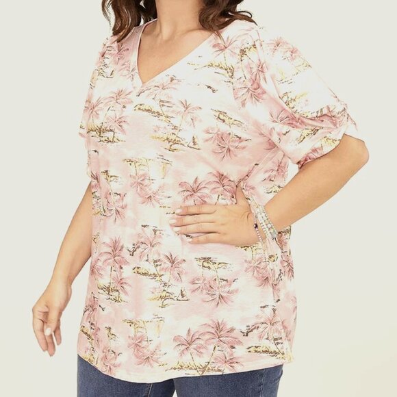 Coconut Tree Print Gathered Twist Sleeve T-shirt - Picture 2 of 8